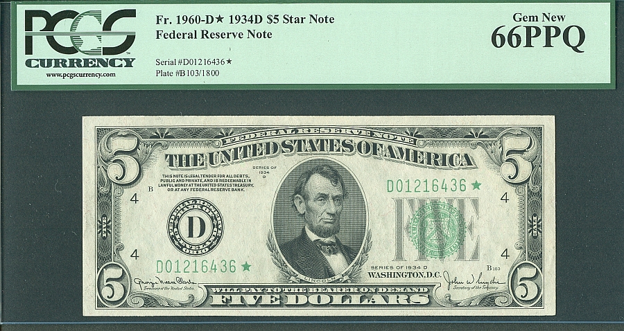 Fr.1960-D*, 1934D $5 Federal Reserve Star Note, Gem, PCGS66-PPQ